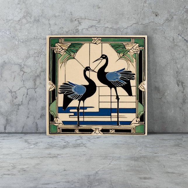 Azulejo Grullas de pájaros en el lago Art Deco Art Nouveau (birds tiles are a vintage Art Deco style with cranes in blue and green geometric style)