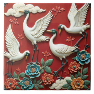 Azulejo Grullas en ramas florales