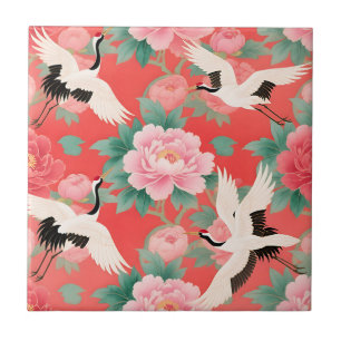 Azulejo Grullas Japonesas Peonías Rojo Chinoiserie Eleganc