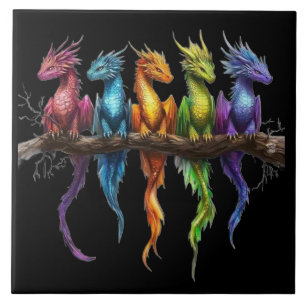 Azulejo Grupo de arcoíris de dragones bebés sobre negro