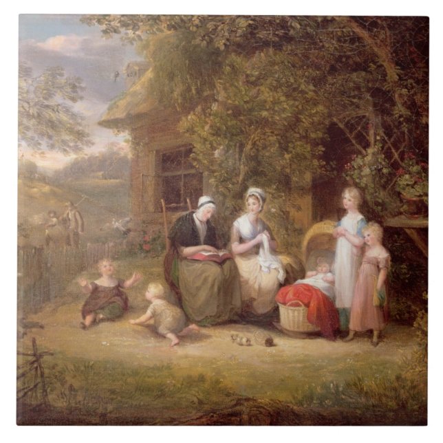 Azulejo Grupo de la familia antes de una cabaña cubierta (Frente)