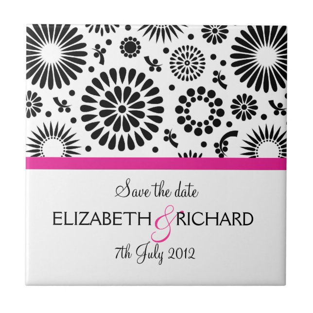 Azulejo Guardar la Fecha Folk Negro Blanco Flor Boho Boda (Frente)