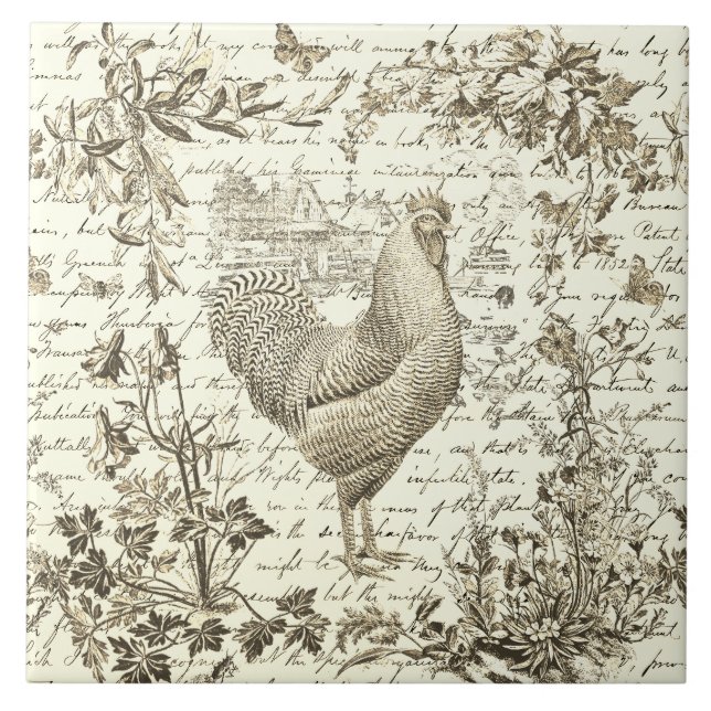Azulejo Guión floral anticuado de gallo de época beige de  (Frente)