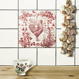 Azulejo Guión floral anticuado de gallo rojo de gallo
