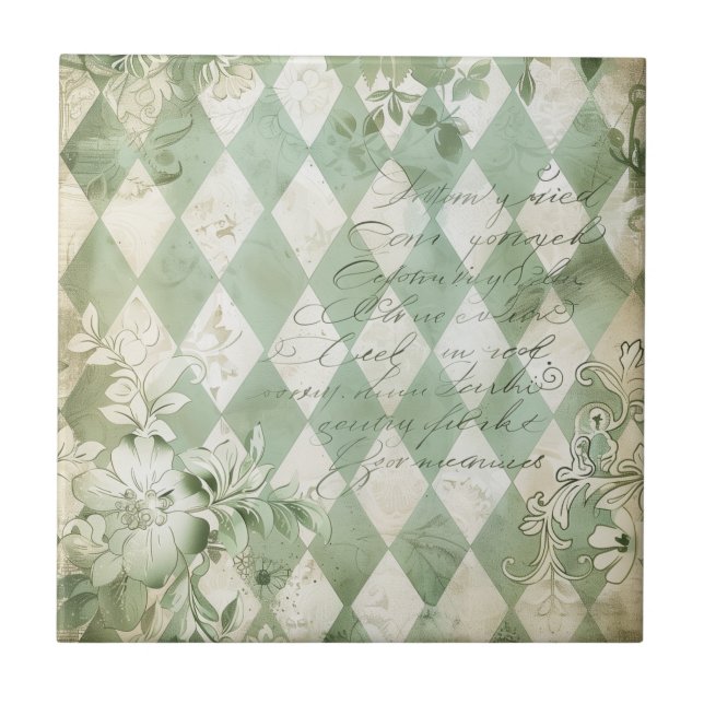 Azulejo Guión floral de arlequín verde vintage (Frente)