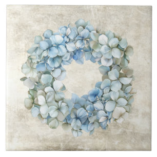 Azulejo Guirnalda de hortensias azules acuarela rústica