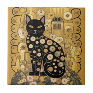 Azulejo Gustav Klimt Style Black Cat Art