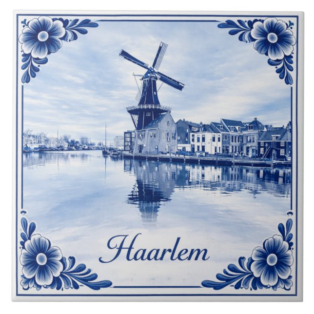 Azulejo Haarlem windmill Delft Blue style ceramic tile (Frente)