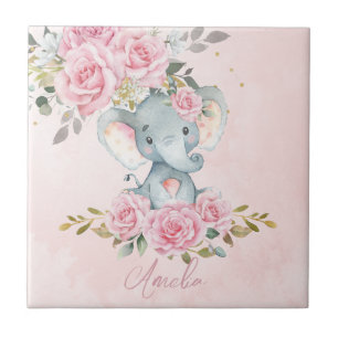 Azulejo Habitación de guardería de elefante floral rosa be