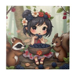 Azulejo Hada Chibi Comiendo Moras con Amigos del Bosque