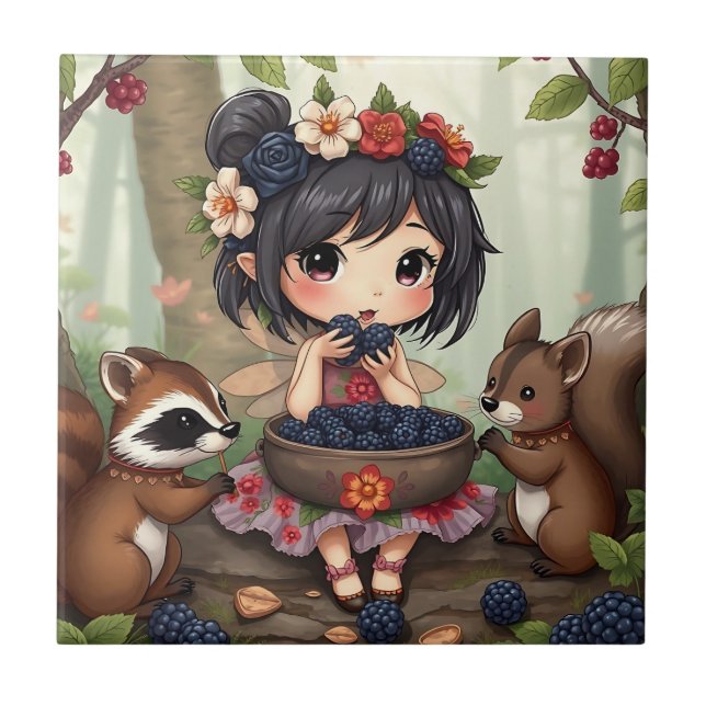 Azulejo Hada Chibi Comiendo Moras con Amigos del Bosque (Frente)