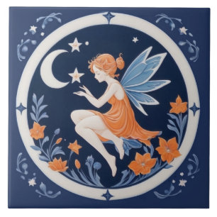 Azulejo Hada con luna y estrellas azul noche y naranja