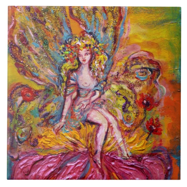 Azulejo HADA DE LAS FLORES EN EL IRIS ROSA fantasía (Frente)