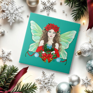 Azulejo Hada de Navidad Fantasía Acebo Campanas Poinsettia