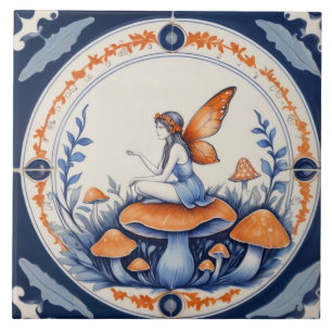 Azulejo Hada sentada en un hongo azul y naranja