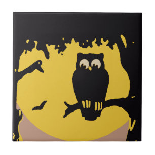 Azulejo Halloween antiguo, búho espeluznante en el árbol c