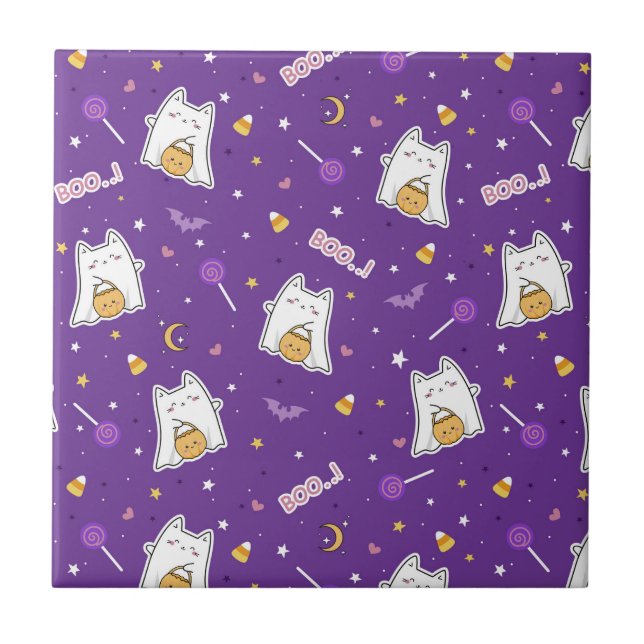 Azulejo Halloween Cat Ghost Ceramic Tile (Frente)
