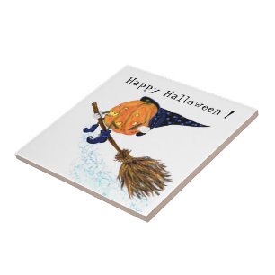 Azulejo Halloween Ceramic Tile Witch Pumpkin Flying Broom