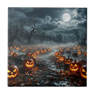 Azulejo Halloween con árboles espeluznantes y Jack O Lante