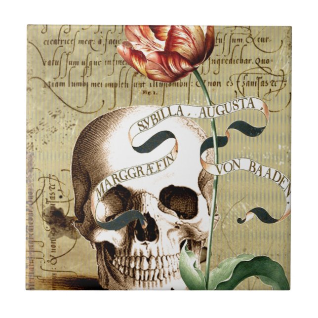 Azulejo Halloween con escritura floral Steampunk Skull (Frente)