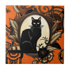 Azulejo Halloween con gato negro Steampunk