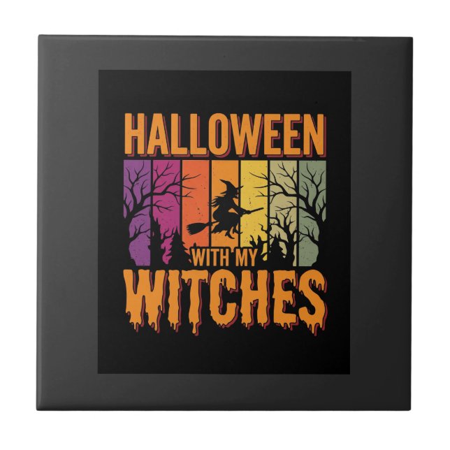 Azulejo Halloween Con Mis Brujas Puesta de Sol Retro (Frente)