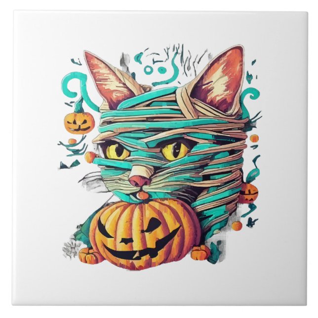 Azulejo Halloween con un gato de momia divertida (Frente)