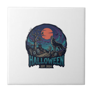 Azulejo Halloween Est Aullando Lobo Luna Roja Mano Zombie_