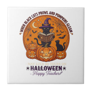 Azulejo Halloween Feliz Profesor Gato Negro Sombrero de Br
