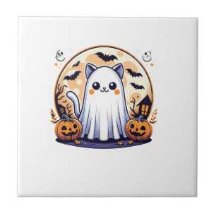 Azulejo Halloween_ Gato Lindo con Disfraz de Fantasma Dise