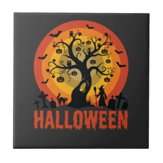 Azulejo Halloween Haunted Tree Witch and Black Cats