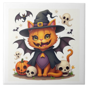 Azulejo Halloween Witch Cat Ceramic Tile