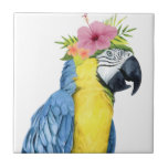 Azulejo Halo tropical - loro<br><div class="desc">"Halo II tropical" por Grace Popp. Un ave de Macaw con una flor de hibisco.</div>