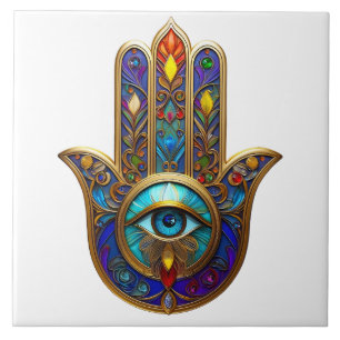 Azulejo Hamsa Colorido Dorado Turquesa Zafiro Tercer Ojo
