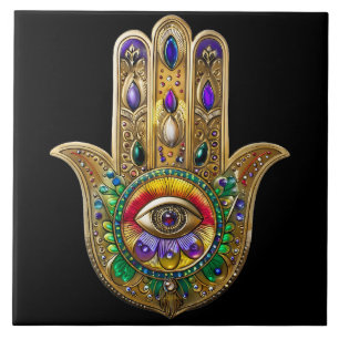 Azulejo Hamsa de oro pintado amatista rubí tercer ojo