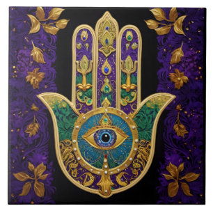 Azulejo Hamsa del Tercer Ojo Dorado Ornamentado