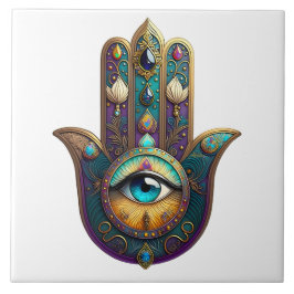 Azulejo Hamsa Violeta Dorado Teal con Tercer Ojo Turquesa