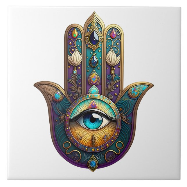 Azulejo Hamsa Violeta Dorado Teal con Tercer Ojo Turquesa (Frente)