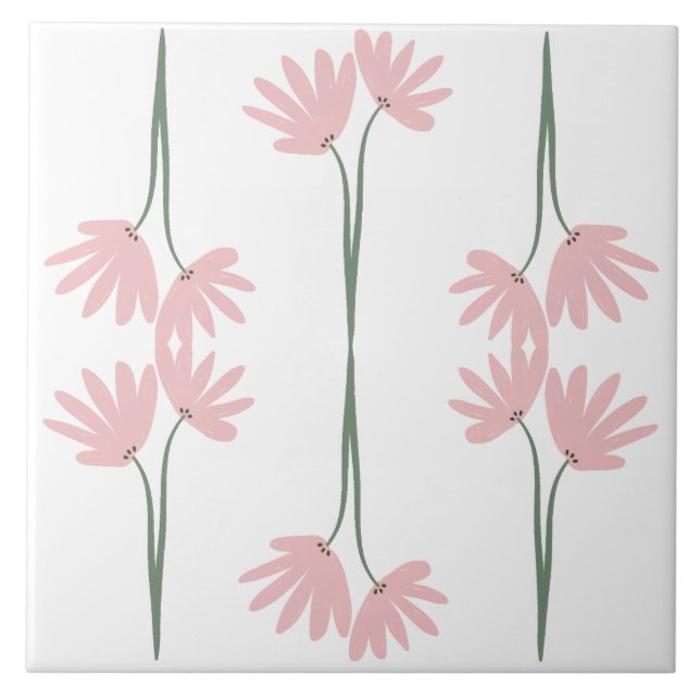 Azulejo Hand Drawn Pink Wild Flowers White (Frente)