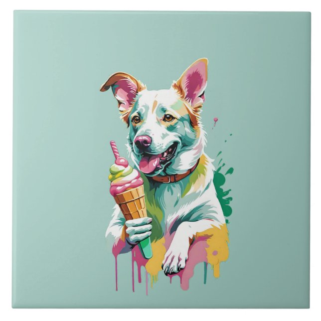 Azulejo Happy Dog eating an ice-cream (Frente)