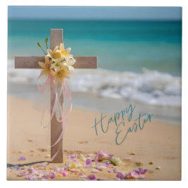Azulejo Happy Easter Wooden Cross and Lilies on Beach