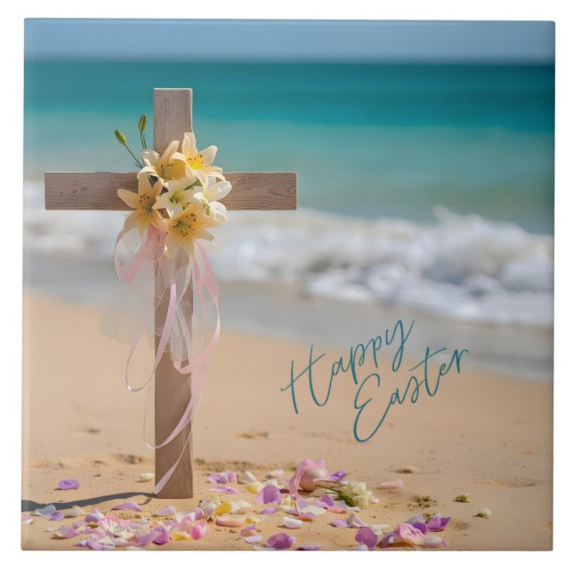 Azulejo Happy Easter Wooden Cross and Lilies on Beach (Frente)