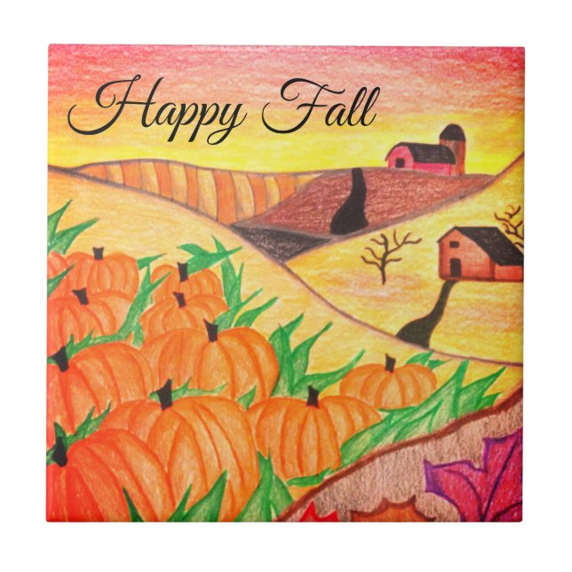 Azulejo Happy Fall Harvest Folk Art Tile (Frente)