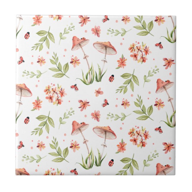 Azulejo Happy Meadow Ladybug y el hongo sin problemas (Frente)