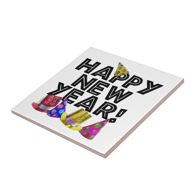 Azulejo Happy New Year - Black Text with Party Hats (Lado)