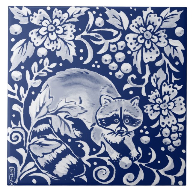 Azulejo Harina de raccoon de la Marina Azul de Cobalto (Frente)
