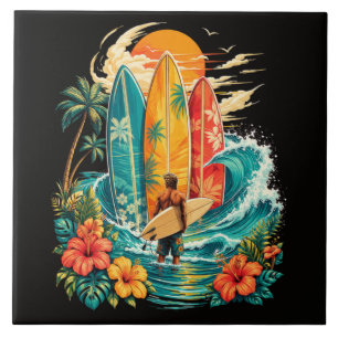 Azulejo Hawái Tabla De Surf Ola Playa Surfista Vintage