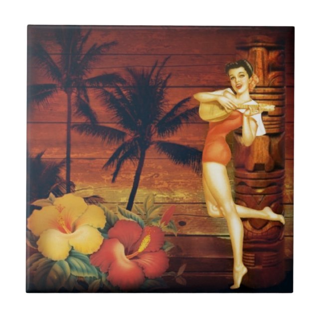 Azulejo hawaiana hawaiana del chica del tótem tropical de (Frente)