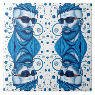 Azulejo Head Of Bearded Blue Alien With Glasses Sci-Fi Art