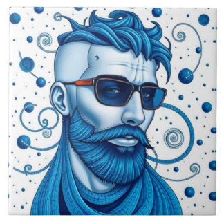 Azulejo Head Of Bearded Blue Alien With Glasses Sci-Fi Art